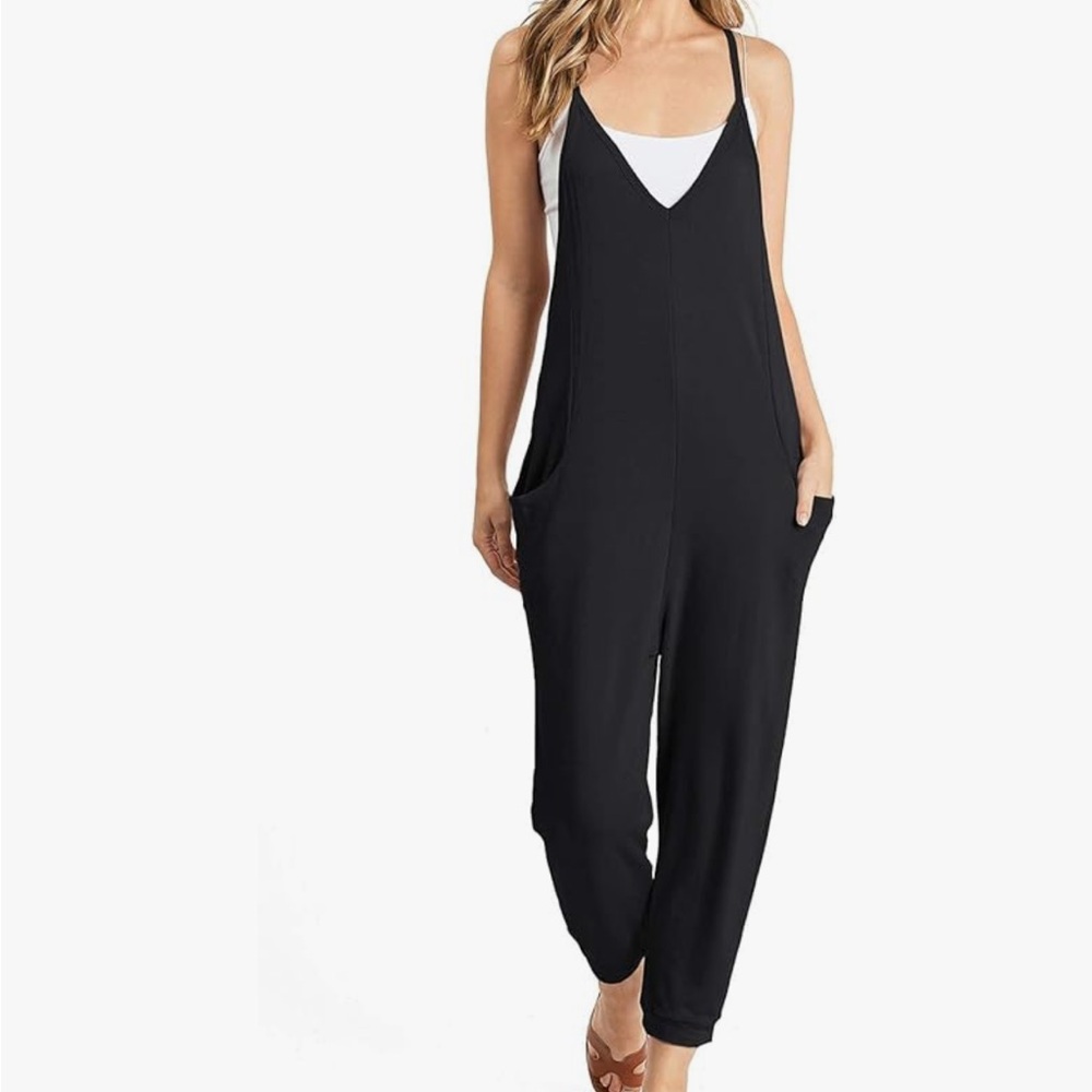 Black Relaxed-Fit Jumpsuit with Spaghetti Straps and V-Neckline